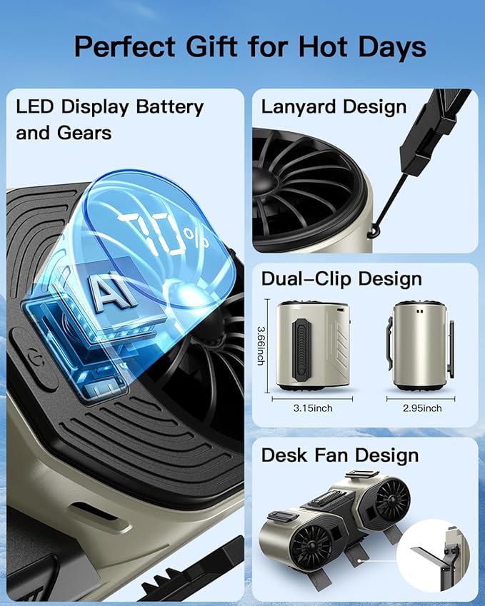 Andwing Portable Waist Fan Rechargeable, Detachable Dual Motors Personal Fans 5 Speeds 20000RPM Strong Airflow, 10000mAh 24H Runtime, Portable Neck Fan, Waist Belt Clip Fan (Grey&Black)