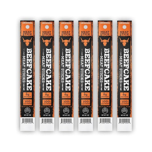 Beefcake Jerky Original Meat Sticks, Smoky Protein Snacks, 8g Protein Zero Sugar, Gluten Free Low Calorie Keto Friendly, Premium Quality Meat Sticks - 6 Sticks
