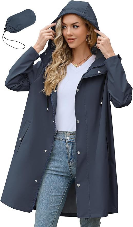 Zando Long Packable Rain Jacket Women Waterproof - Raincoat for Women Rain Coat with Hood Lightweight Outdoor Windbreaker