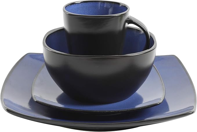 Gibson Elite Soho Lounge Square Reactive Glaze Stoneware Dinnerware Set, Service for 4 (16pc), Sapphire