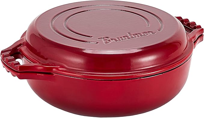 Bruntmor 2-in-1 Pre-Seasoned Cast Iron Pan |Cocotte Double Braiser Pan with Grill Lid 3.3 Quarts - Barbecue Grill Non Stick Frying Pan - Nonstick Cookware Set with Wide Handle (Red)