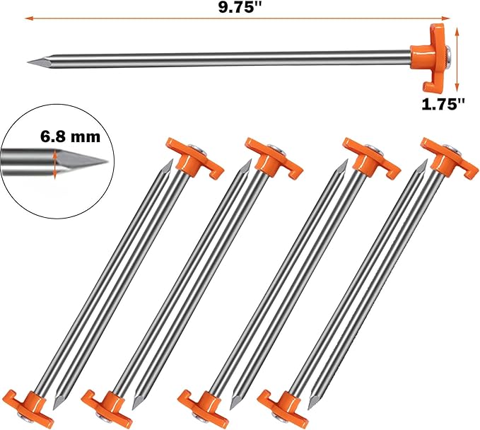 Cheardia 20 Pack Tent Stakes Heavy Duty, 9.75 Inch Yard Stakes Non-Rust Metal Tent Pegs Ground Stakes Tent Spikes for Camping Patio, Garden, Canopies, Grassland, Outdoor, Orange