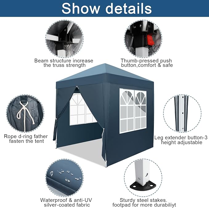 Outvita 6.5x6.5ft Pop Up Canopy Tent, Outdoor Instant Shelter Folding Canopy with 4 Side Walls and Carry Bag for Commercial Events, Party, Backyard BBQ, Camping Blue