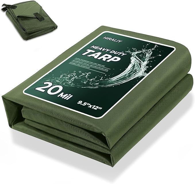 HIRALIY 20 Mil Heavy Duty Waterproof Tarp, Cut Size 10x12ft Green Tarpaulin with Reinforced Webbing Loops, Multipurpose Oxford Canvas Tarp for Firewood, Roof, Camping, Pool