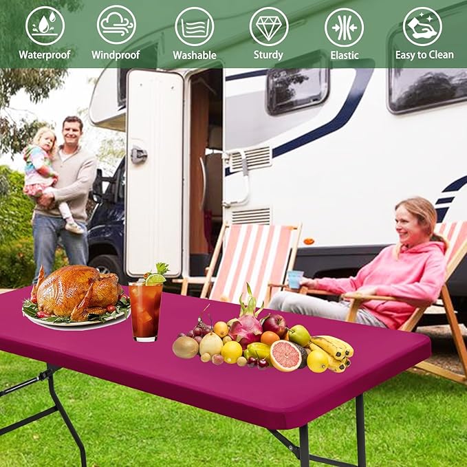 6 Pack Picnic Table Cover Elastic Fitted Outdoor Tablecloths for 6 Foot Rectangle Table Waterproof Stretch Washable Patio Folding Spandex Tablecloth for Camping Banquet Parties (Hot Pink,30" x 72")