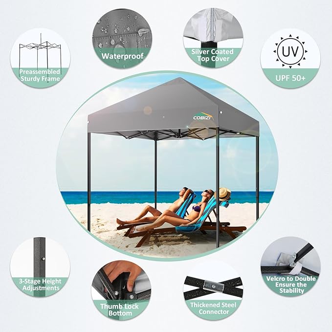 COBIZI 6.6x6.6ft Pop Up Canopy, Heavy Duty Tent Canopy Easy Set up All Weather Waterproof Outdoor Canopy Tent for Parties, Beach, Garden, Camping with 1 Handbag, 3 Adjustable Heights, UPF50+, Grey