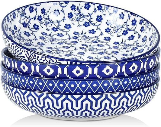 Selamica Ceramic Pasta Bowls Set of 4, 34 OZ Salad Bowls, 8.6 Inch Wide and Shallow Bowls, Microwave & Dishwasher Safe, Vintage Blue