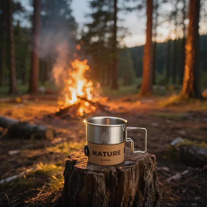 Alocs Camping Mug - Stainless Steel Travel Coffee Mug - Camping Coffee Mugs with Foldable Handle - 10 oz Camping Cup with Lids - Portable Travel Mug for Outdoor Backpacking Hiking Climbing Climbing