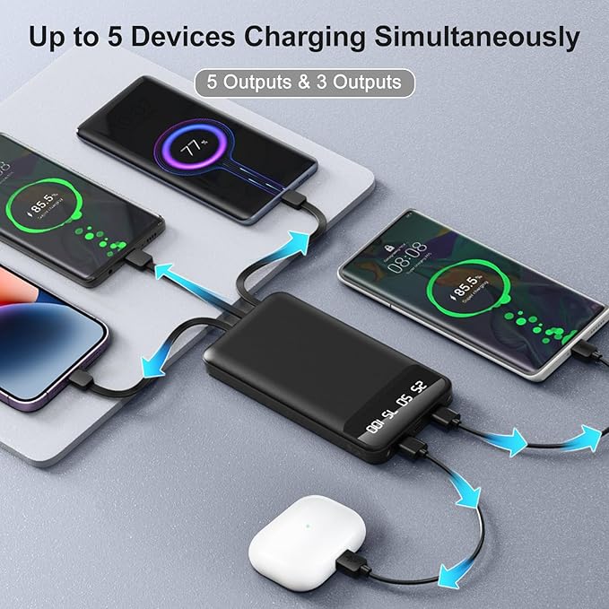 Portable Charger 40000mAh Power Bank with 4 Built-in Cables, 5 Outputs & 3 Inputs, Travel Essentials with Flashlight, USB C Battery Pack for iPhone 16 15 14 13 12 11, Android Charger, iPad Tablet