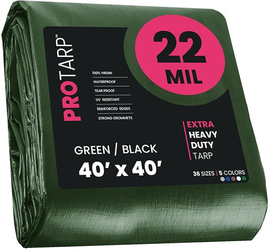 PROTARP Extreme Heavy Duty 22 Mil Tarp Cover, Waterproof, UV Resistant, Rip and Tear Proof, Poly Tarpaulin with Reinforced Edges for Roof, Camping, Patio, Pool, Boat. (Green/Black 40′ X 40′)