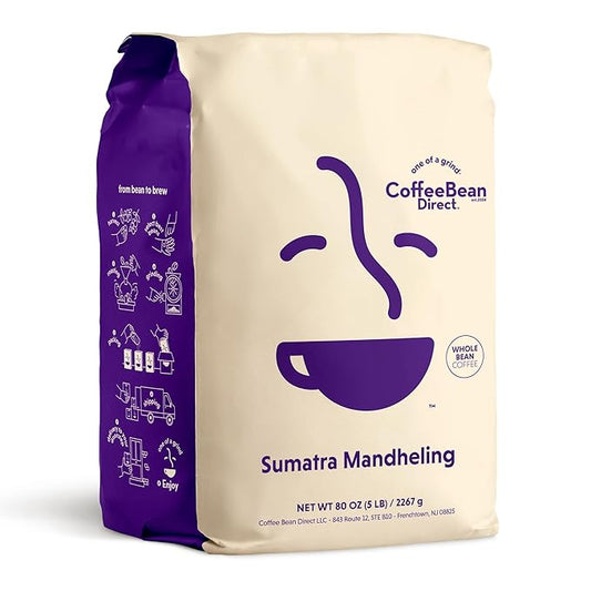 Coffee Bean Direct Sumatra Mandheling, Whole Bean Coffee, Light Roast, 5 Pound Bag (Pack of 1)