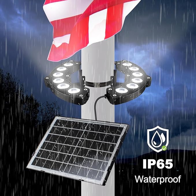 Flag Pole Lights Solar Powered 14W12000 mAh Solar FlagPole Light Up to 18-24 Hrs, IP67 Waterproof, Adjustable Clamp fits 2-6” Dia 15-40 Ft Outdoor Flagpoles Brightest, Auto Dusk to Dawn