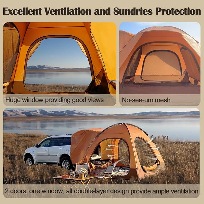6-Person SUV Tent Attachment for Camping with 4 Full Meshed Door,Water Resistant Car Camping Tent with Rainfly and Carry Bag, Fits CUV's, SUV's, and Minivans, 10ft*10ft*6.9ft