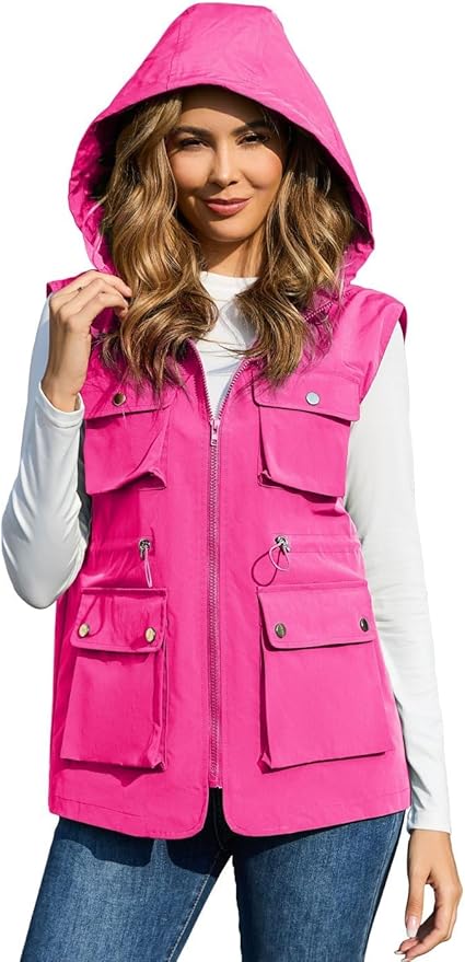 PESION Womens Packable Military Utility Vests Outerwear Waterproof Windbreaker Jacket Cargo Vest with Removable Hood