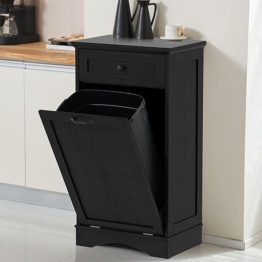 13 Gallons Tilt Out Trash Cabinet Freestanding Kitchen Trash Bin Cabinet Wood Garbage Recycling Cabinet with Hideaway Drawer Pet Proof Trash Can Holder for Kitchen Living Room, Dark Black