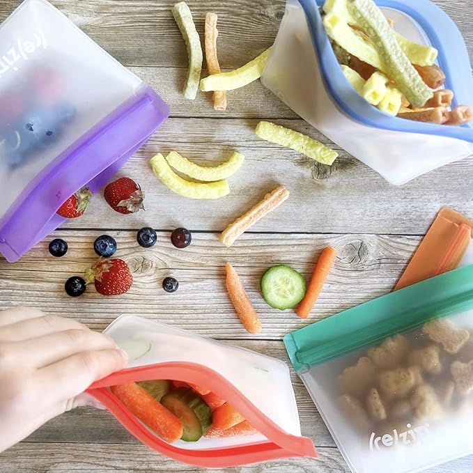 (re) zip 5-pack Stand-Up Reusable Bags | BPA-Free, Food Grade, Leakproof, Freezer and Dishwasher Safe | 5 Snack-Size Bags (1-Cup / 8-Oz) | Jewel Tones for Easy Organization