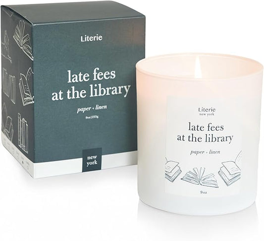 Literie NYC Inspired Scented Candle: Late Fees at The Library - Paper & Linen Scent, 9oz, 50 Hour Burn, Vegan Soy & Coconut Blend Candle for Home Decor, Gift for Women & Men