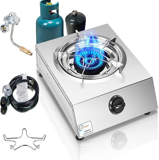 Propane Stove Single Burner Propane Stove 1 Burner 12,000 BTU Dual Fuel Auto Ignition with CSA Converter / QCC1 LPG Hose for Emergency Outdoor Cooking