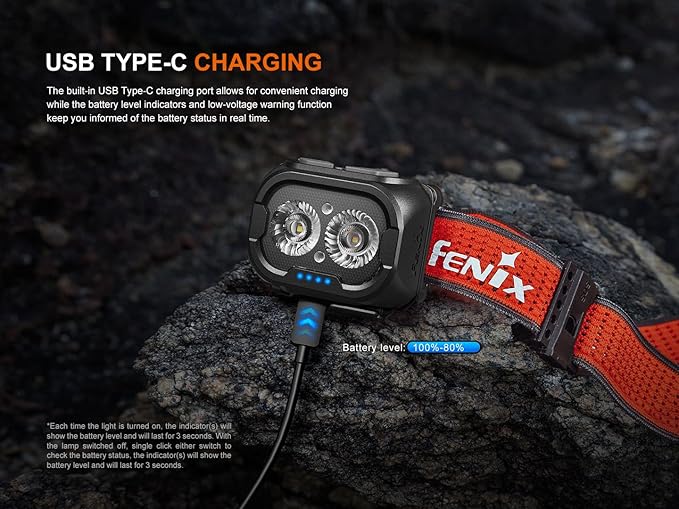Fenix HL18R-T V2.0 800 Lumen Trail Running Headlamp, USB-C Rechargeable, White and Warm White Lights, Red Lights, Compatible with 3X AAA Batteries, (Black)