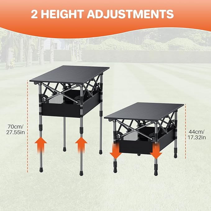 FUNYKICH Folding Camping Table(L32.3''xW15.7''), Aluminum Roll-up Portable Picnic Table with 2 Adjustable Height, Large Storage and Carrying Bag for Picnic, Camping, BBQ, Party, Backyard, Beach