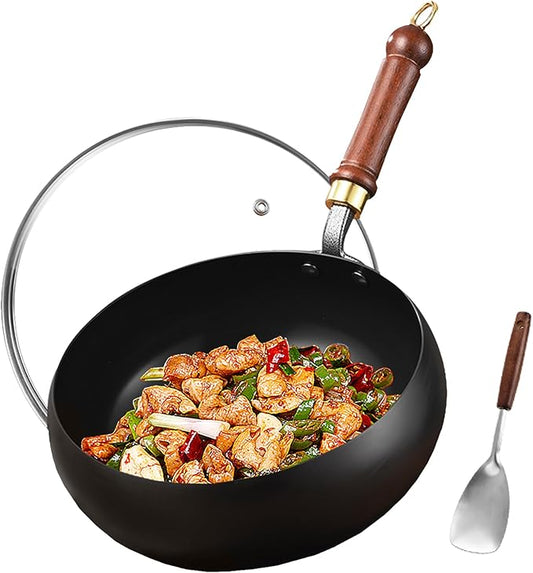 Carbon Steel Wok Pan, 9.5" Woks & Stir-Fry Pans with Glass Lid Cookwares, Nonstick Wok Flat Bottom Small Handmade Chinese Wok For for All Stoves