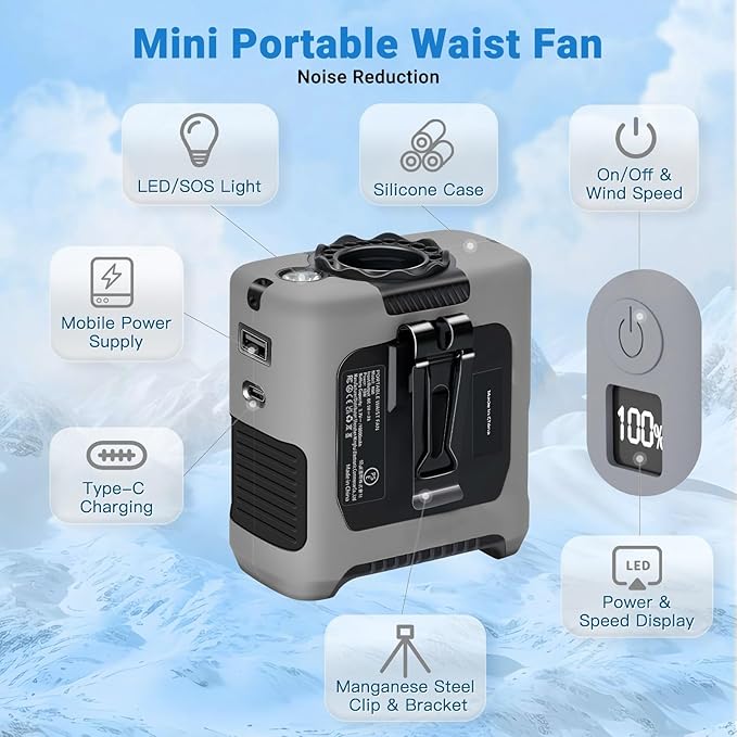 Portable Fans Strong Airflow Personal Waist Fan with Max 40H Runtime Hands Free Neck Fans Wearable Belt Fan for Outdoor Jobsite Camping and Traveling 5 Speeds USB-C Rechargeable 10000mAh (Gray)