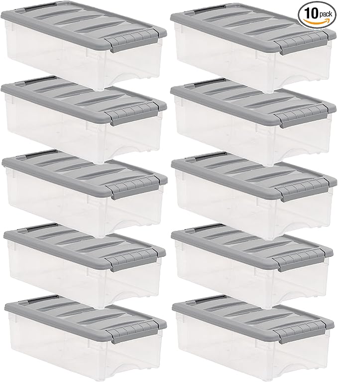 Amazon Basics Plastic Storage Containers with Secure Latching Lids, Stackable Organization Bins, Clear/Grey, 5 Quart, Set of 10