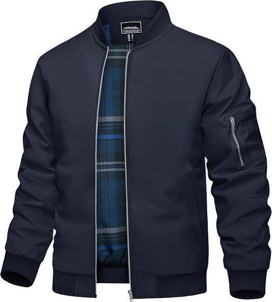 TACVASEN Mens Bomber Jacket Plaid Lined Casual Windbreaker Stylish Light Fall Spring Jackets Windproof Zip Up Coat