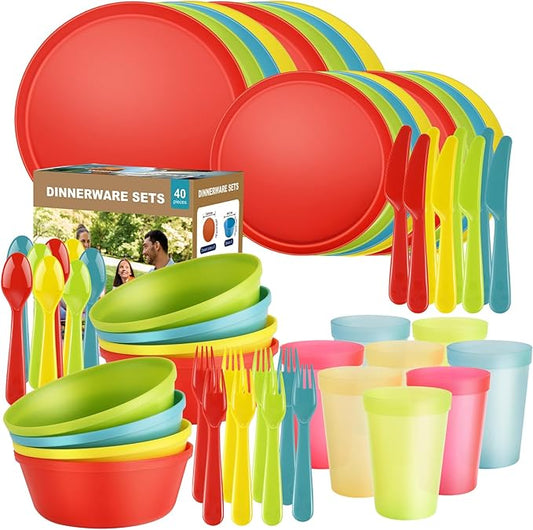 Tropical Plastic Dinnerware Set – 40-Piece Colorful Unbreakable Plates and Bowls Set for 8 with Cups, Forks, Knives, Spoons – Reusable Kids Dishes for Birthday Party, Camping, Picnic, Everyday Use