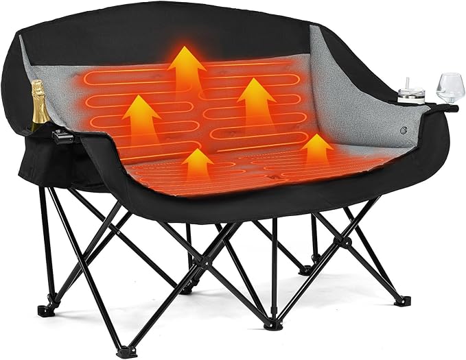 Heated Double Camping Chair - Heated Loveseat Chair for 2 Person Heavy Duty Oversized Padded Camping Couch for Adults Outdoor Sports Lawn Portable Folding Chairs