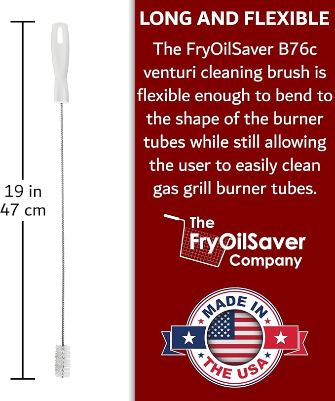 Gas Grill Venturi Tube Brush, Cleans Spider Webs, Grease, Debris, Food Build Up, Prevents Flare Ups, Long & Flexible Blockage Unclogger Cleaning Brush for Gas Grill Burner Pipe by FryOilSaver Co. B76C