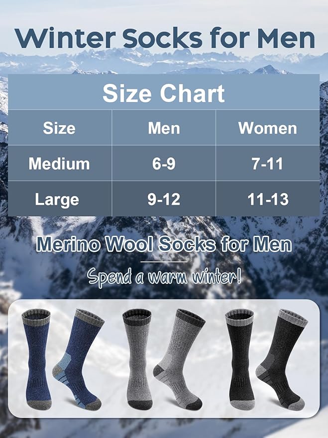 Senker Fashion Merino Wool Hiking Socks for Men, Warm Crew Socks W/Cushion Moisture Wicking for Trekking Work Outdoor