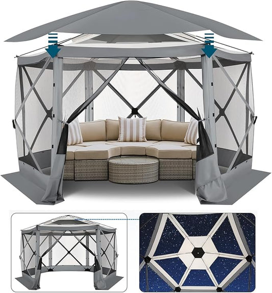 COBlZl Pop Up Gazebo 12x12 Screen House Tent for Camping, Outdoor Instant Stargazing Gazebo Canopy with Awning 2.0, Portable Hub Tent with Mosquito Netting, Pavilion for Backyard,Gray