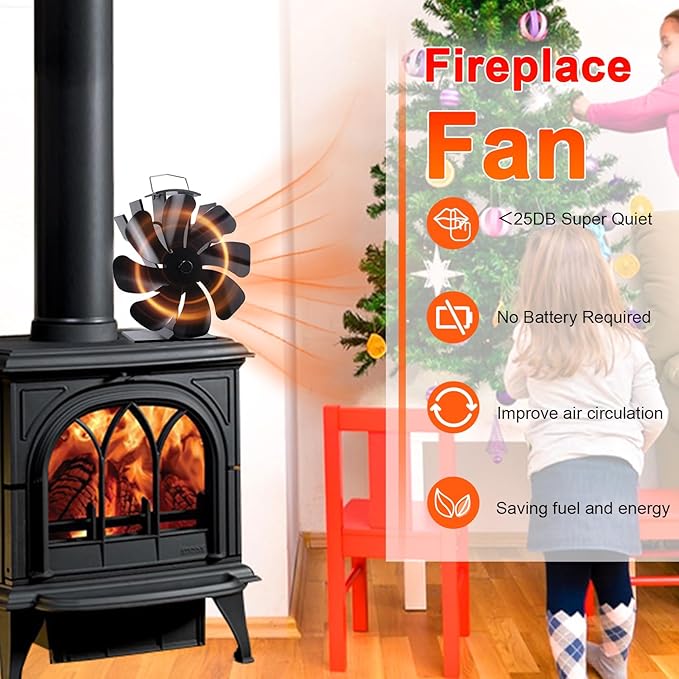 VODA Wood Stove Fan Heat Powered Fireplace Fans Non Electric, 8 Blades Heat Activated Thermal Fan for Wood Burning Stove/Pallet/Log Burner, w/Stove Accessories Thermometer