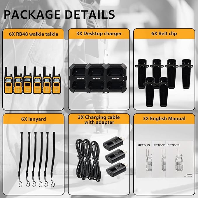 Retevis RB48 2 Way Radio Long Range, IP67 Waterproof Walkie Talkies Adults, Drop-Proof, 2000mAh, Emergency, Heavy Duty Two Way Radios, for Job Site Construction Warehouse(6 Pack)
