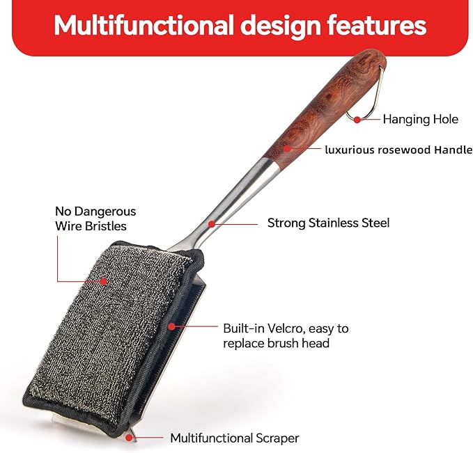 Bristle-Free Steam Cleaning Grill Brush,with Extended Luxurious Rosewood Handle and 1 Replacement Head,BBQ Grill Cleaning Brush Kit,Safe Grill Cleaner for Outdoor Grill,Gifts for Men/Dad