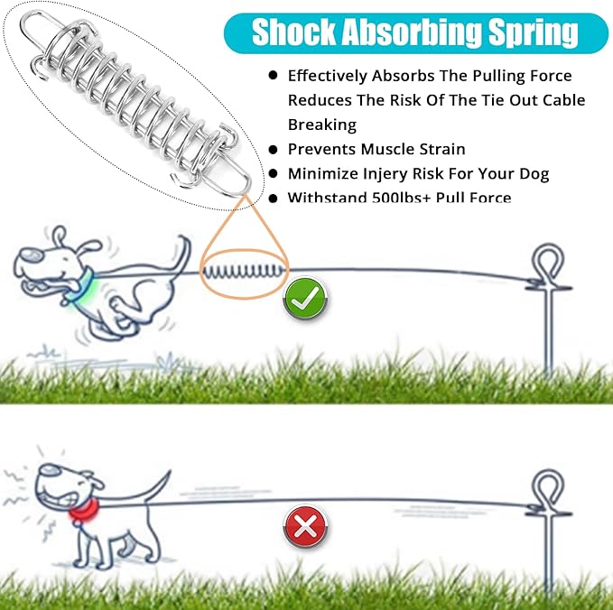 Jenico Dog Tie Out Cable - 10/15/20/30/40/50/70/100/150FT Runner Cable with Swivel Hook and Shock Spring, Leash Tether for Yard, Outdoor and Camping, for Small to Medium Pets Up to 500 LBS