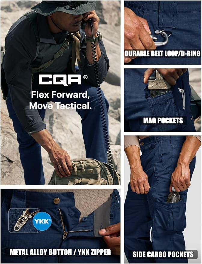 CQR Men's Flex Ripstop Tactical Pants, Water Resistant Stretch Cargo Pants, Lightweight EDC Hiking Work Pants