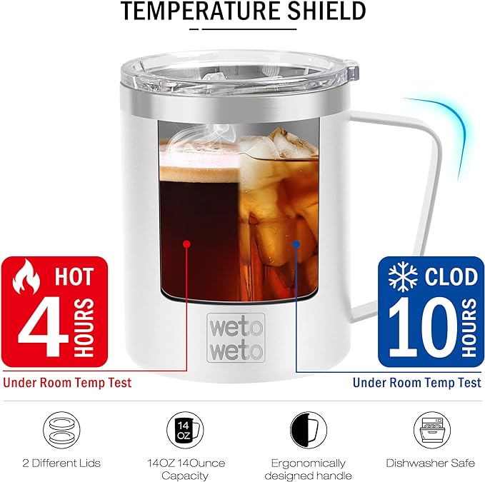 WETOWETO 14 oz Coffee Mug, Vacuum Insulated Camping Mug with Lid, Double Wall Stainless Steel Travel Tumbler Cup, Coffee Mugs Outdoor, Powder Coated White