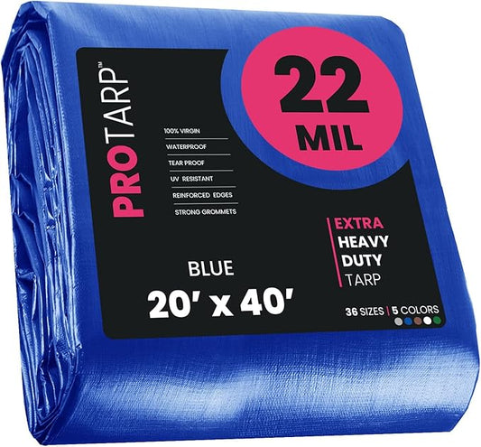 PROTARP Extreme Heavy Duty 22 Mil Tarp Cover, Waterproof, UV Resistant, Rip and Tear Proof, Poly Tarpaulin with Reinforced Edges for Roof, Camping, Patio, Pool, Boat. (Blue 20′ X 40′)
