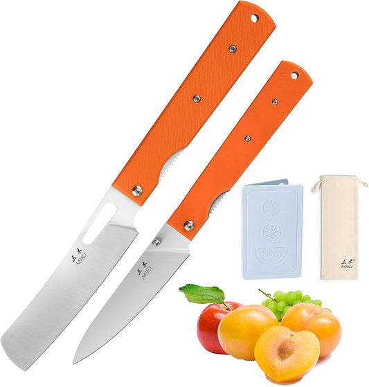 Miki 2 piece set 440A stainless steel Blade Japanese pocket folding Chef knife peeling utility knife fruit knif orange g10 Handle Camping BBQ trip Outdoor Portable kitchen knife