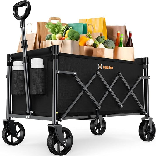 Navatiee Portable Foldable Collapsible Wagon with Wheels, 220lbs Weight Capacity Utility Grocery Shopping Cart, Lightweight Mini Folding Wagon for Outdoor, Black