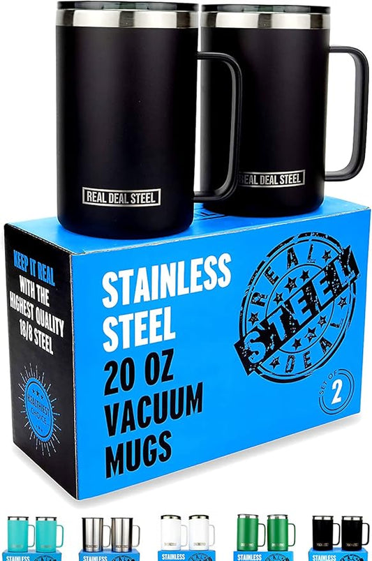 Insulated Mug with Handle and Lid - Stainless Steel Vacuum Coffee Cup, Set of 2, 20 oz - Large Double Wall Coffee or Tea Cup, Thermal Camping Mug Keeps Drinks Hot, Beer Mug That Keeps Beer Cold