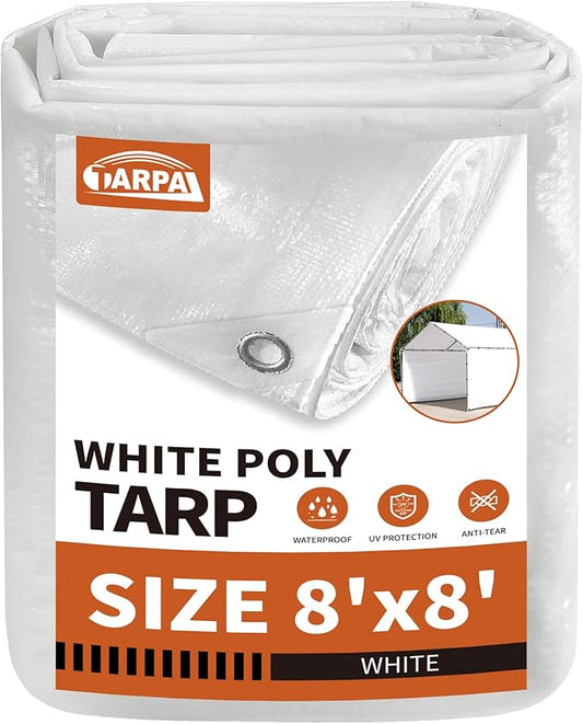 TARPAL 8'x8' White Tarp Waterproof 7.5 mil Medium Duty All Purpose Poly Tarps Cover Waterproof,Snow Proof UV Protection,Rip and Tear Proof,Poly Tarpaulin