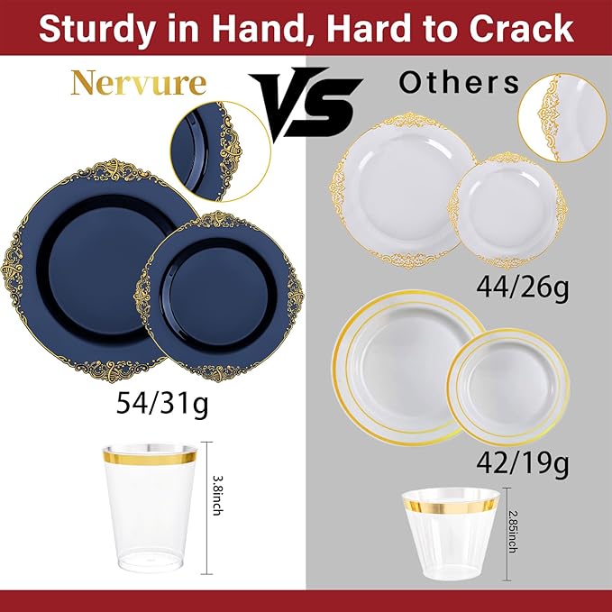 Nervure 175PCS Blue Plastic Plates - Blue Gold Plastic Dinnerware Set Disposable Include 50 Plates for Dinner and Dessert, 25Knives, 25Spoons, 25Forks, 25Cups, 25Napkins for Weddings & 4th of July