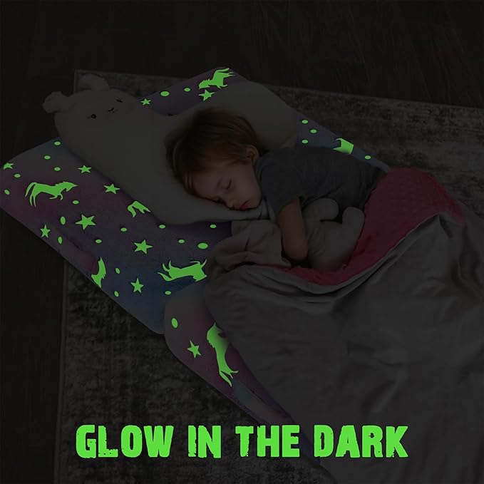 MeMoreCool Glow Rainbow Unicorn Foldable Floor Mattress for Kids, Trifold Nap Mat for Toddlers, Portable Daycare Sleeping Futon or Floor Bed, 57x22 Inch