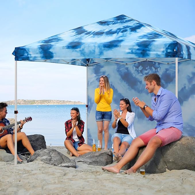 EAGLE PEAK Pop Up Canopy Tent with 1 Sidewall, Easy Setup Event Tent, Outdoor Sun Shade, Wheeled Carry Bag, Stakes and Guy Ropes, Instant Canopy 10x10, Tie Dye Blue