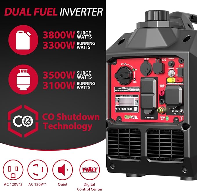 PowerSmart 3800-Watt Dual Fuel Portable Inverter Generator, CO Protect, 30 amp for RV, Home Use and Emergency Backup