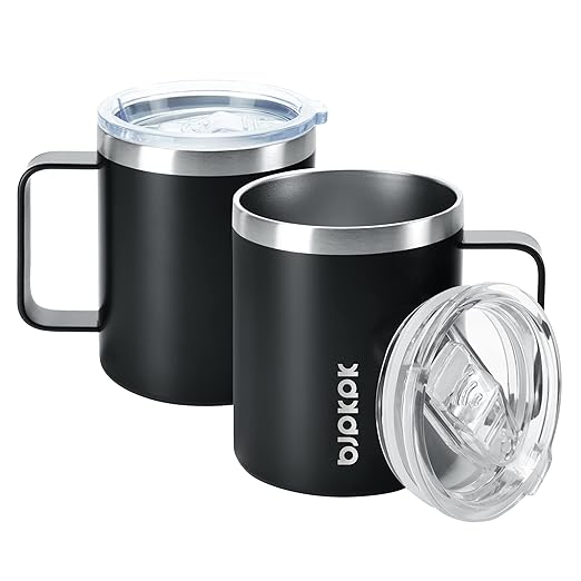 BJPKPK 2 pcs Insulated Coffee Mug, 14oz Insulated Tumbler with Lid, Stainless Steel Coffee Cups with Splash Proof Lid-Black