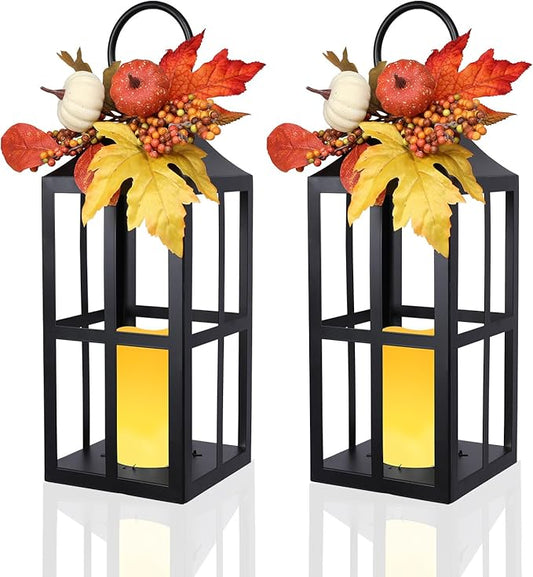 Bdor 2 Pack Fall Lantern Decor with LED Candle – 17.7 Inch Harvest Pumpkin Maple Leaf Hanging Lantern for Autumn Thanksgiving Table Centerpiece Indoor Outdoor Decoration, Battery Operated
